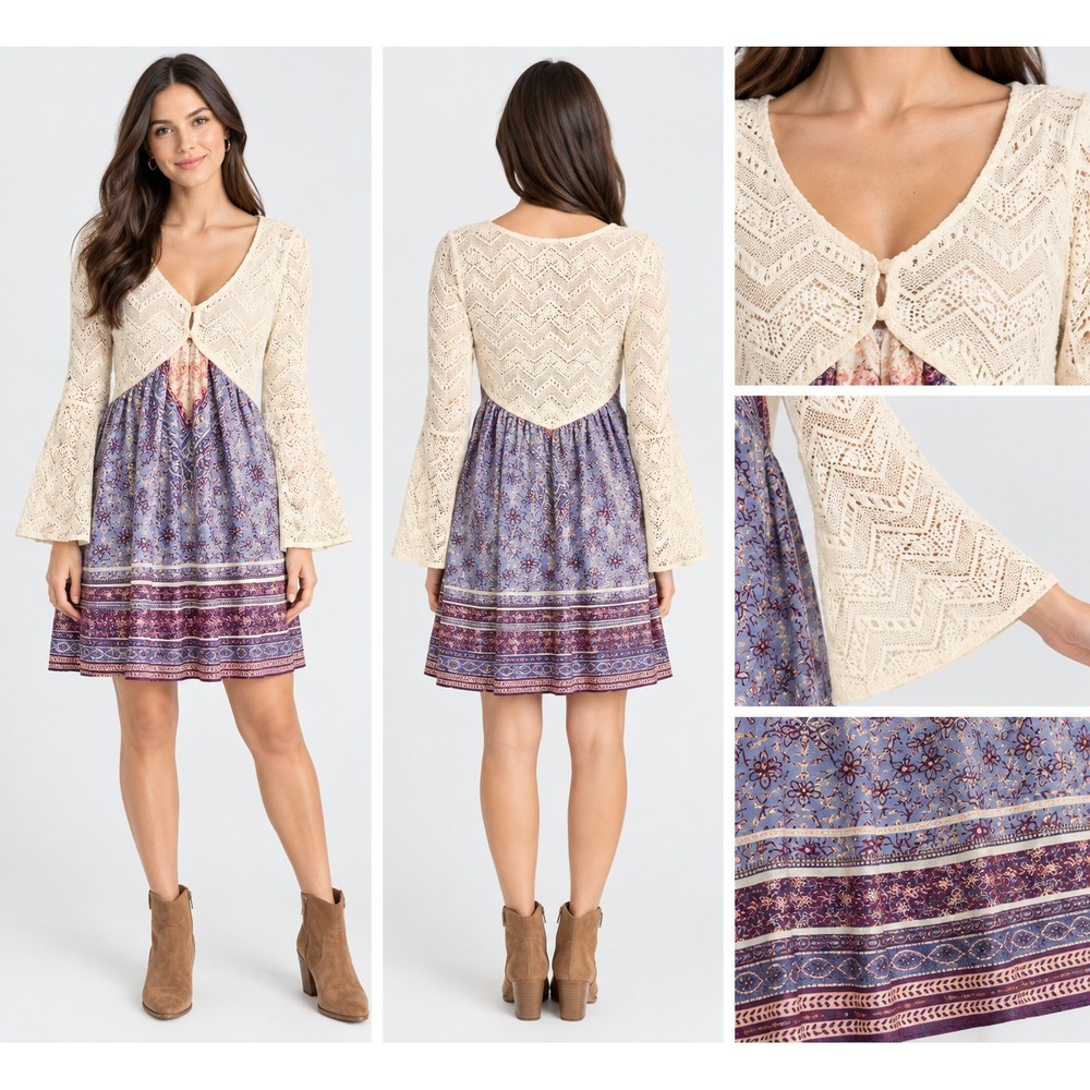 VENUS Women's XS Boho Crochet Lace Bell Sleeve Paisley Mini Dress